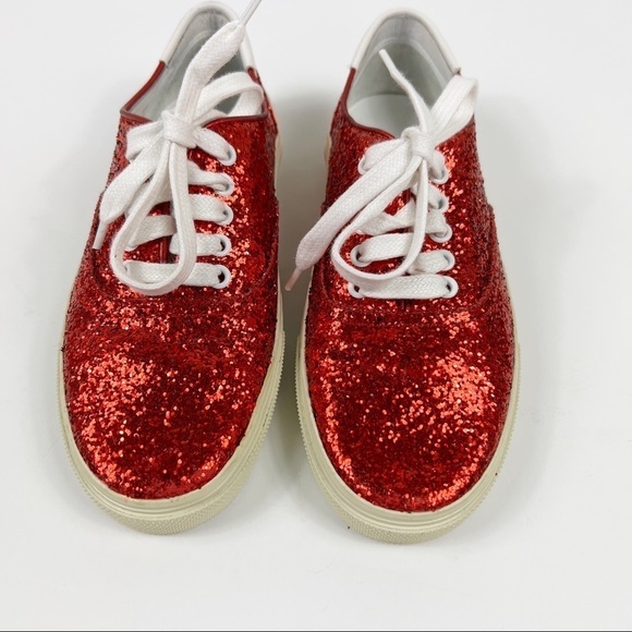 Saint Laurent Skate Red Glitter Sneakers Lace Up Low Top Size 37 - Picture 3 of 10